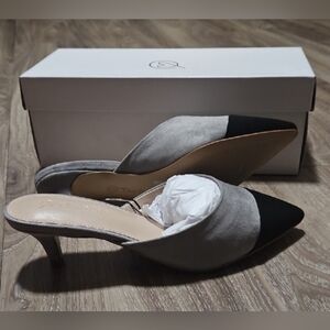 Black & Gray Pointed Toe Mule THE DROP Paulina Padded Footbed Heels Women's 7